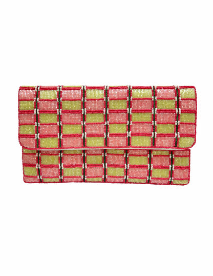 Hand-Beaded Pink Green Woven Clutch Bag