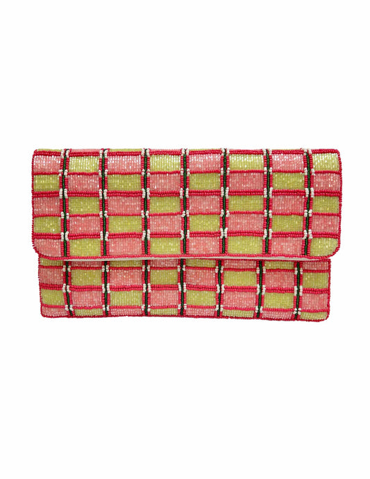 Hand-Beaded Pink Green Woven Clutch Bag
