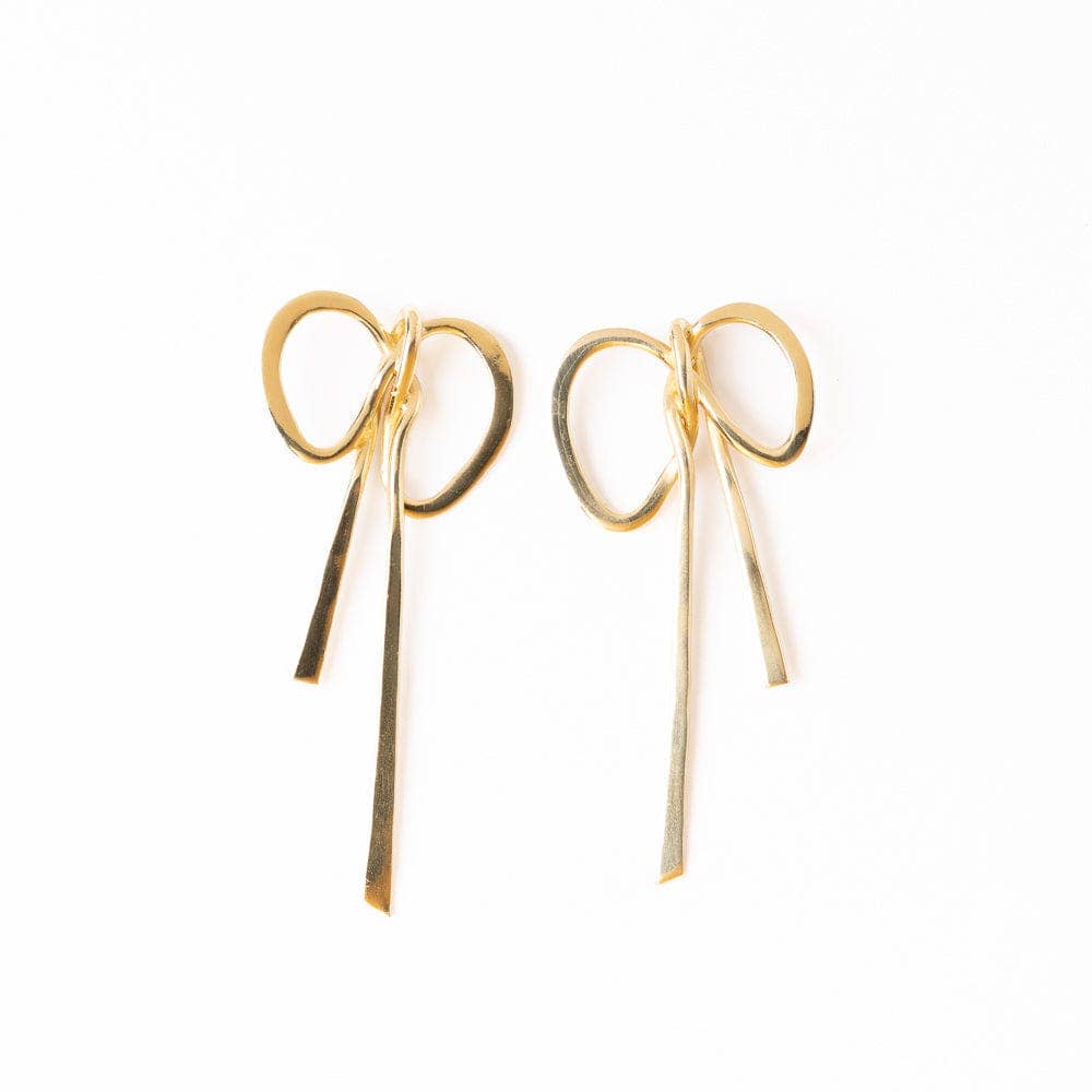 Large Ribbon Bow Brass Post Earrings