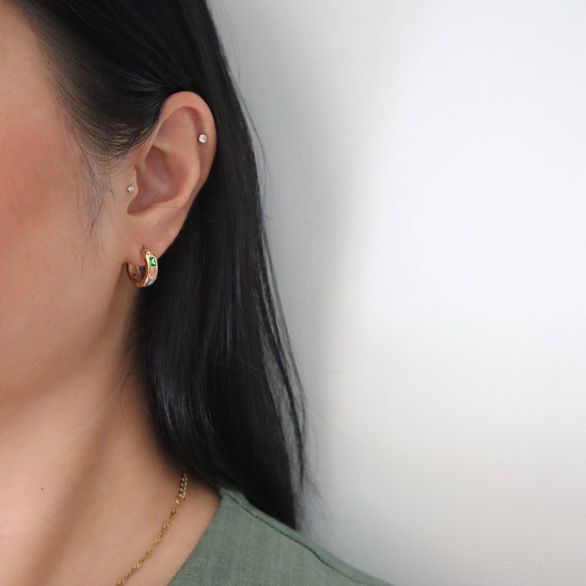 Jade Mini Gemstone Hoop Earrings Gold Plated
