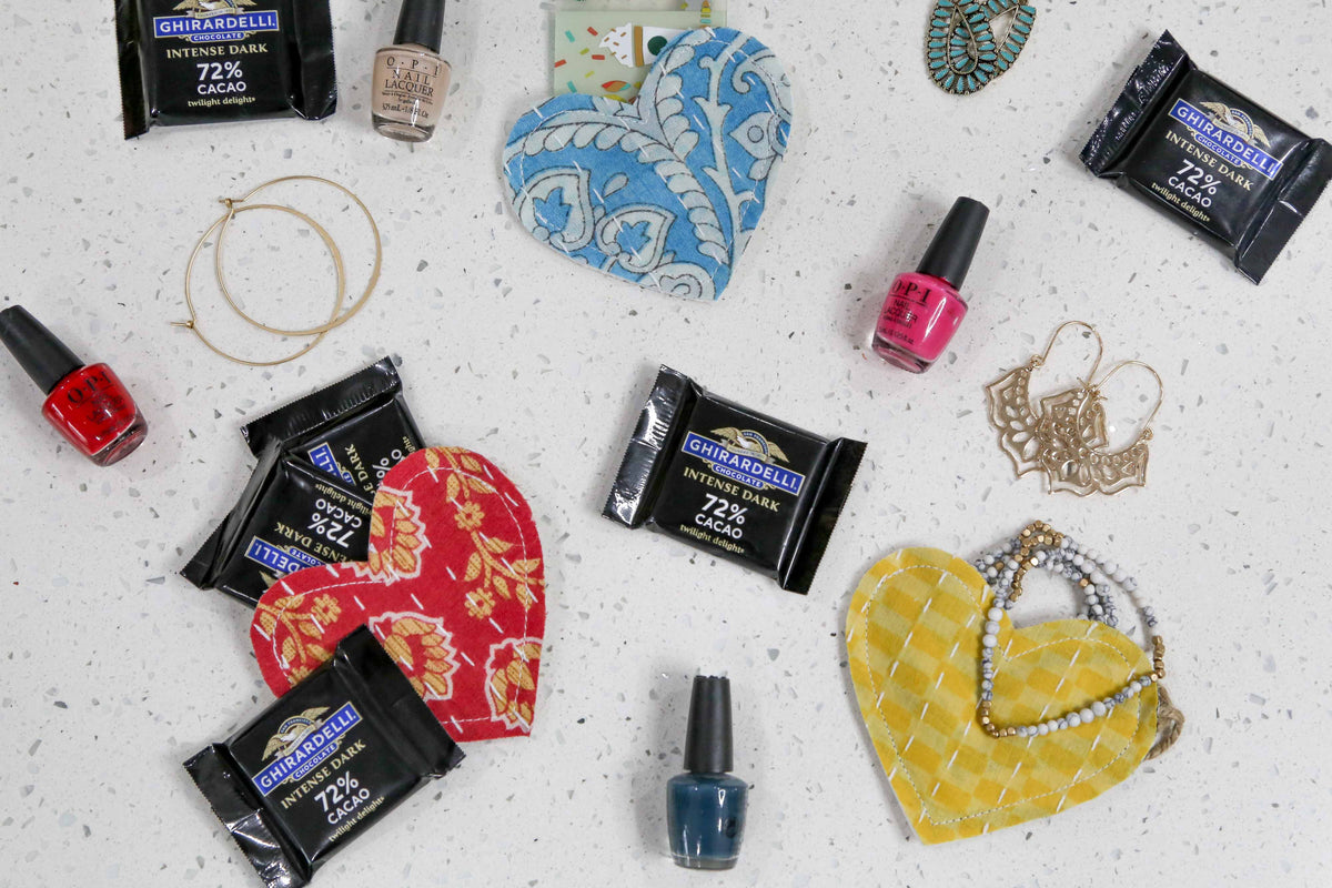 Kantha Stitched Heart Gift Pouch, Recycled Fabric