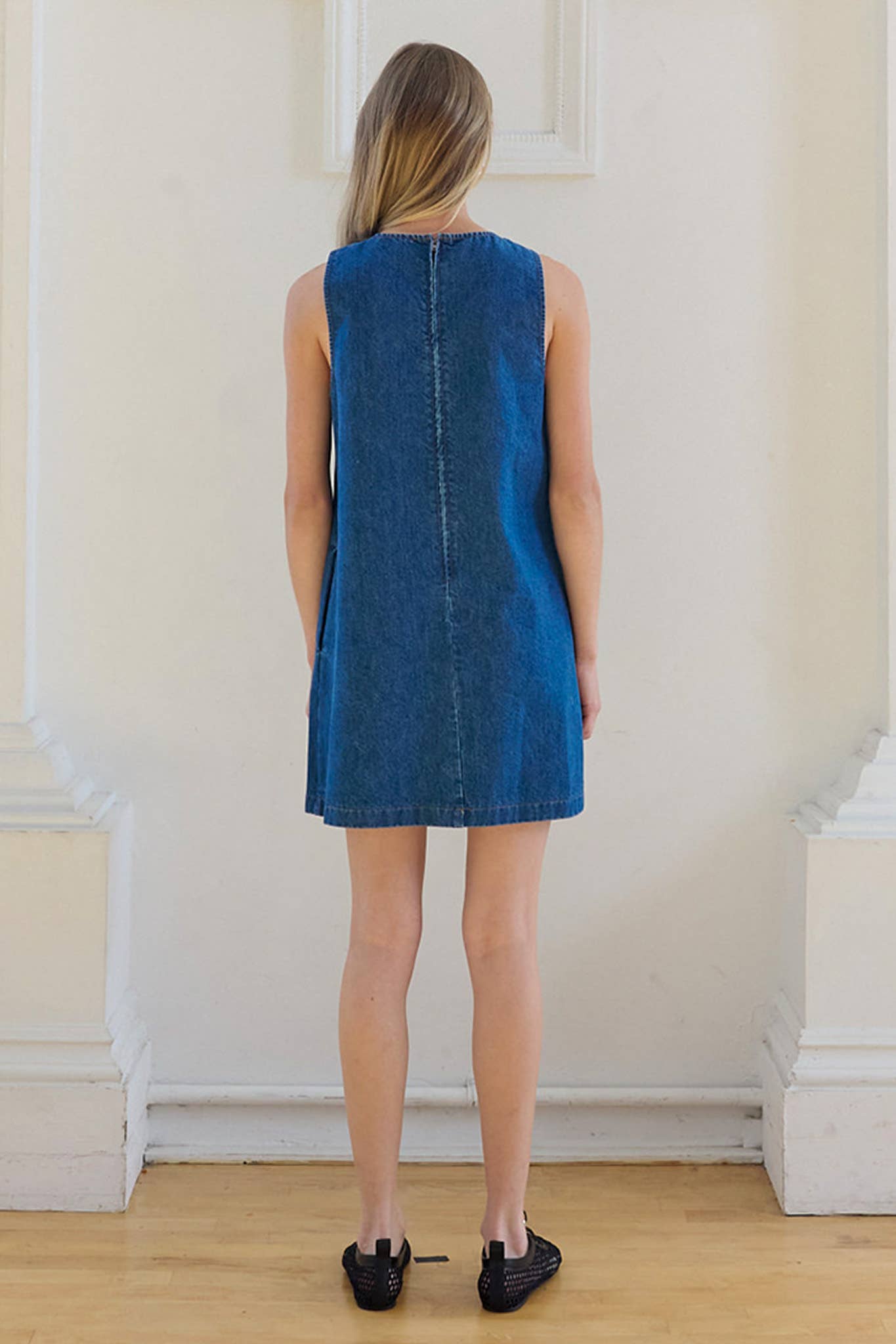 Floral Embroidered Denim Mini Dress with Pockets