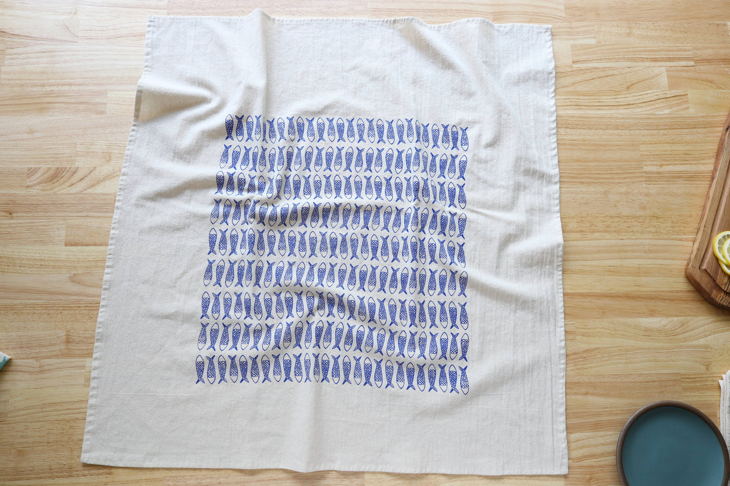 Fish, Handprinted Cotton Kitchen Towel