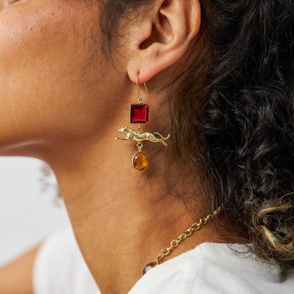 Tiger Pendant Brass Dangle Earrings, Glass Stones