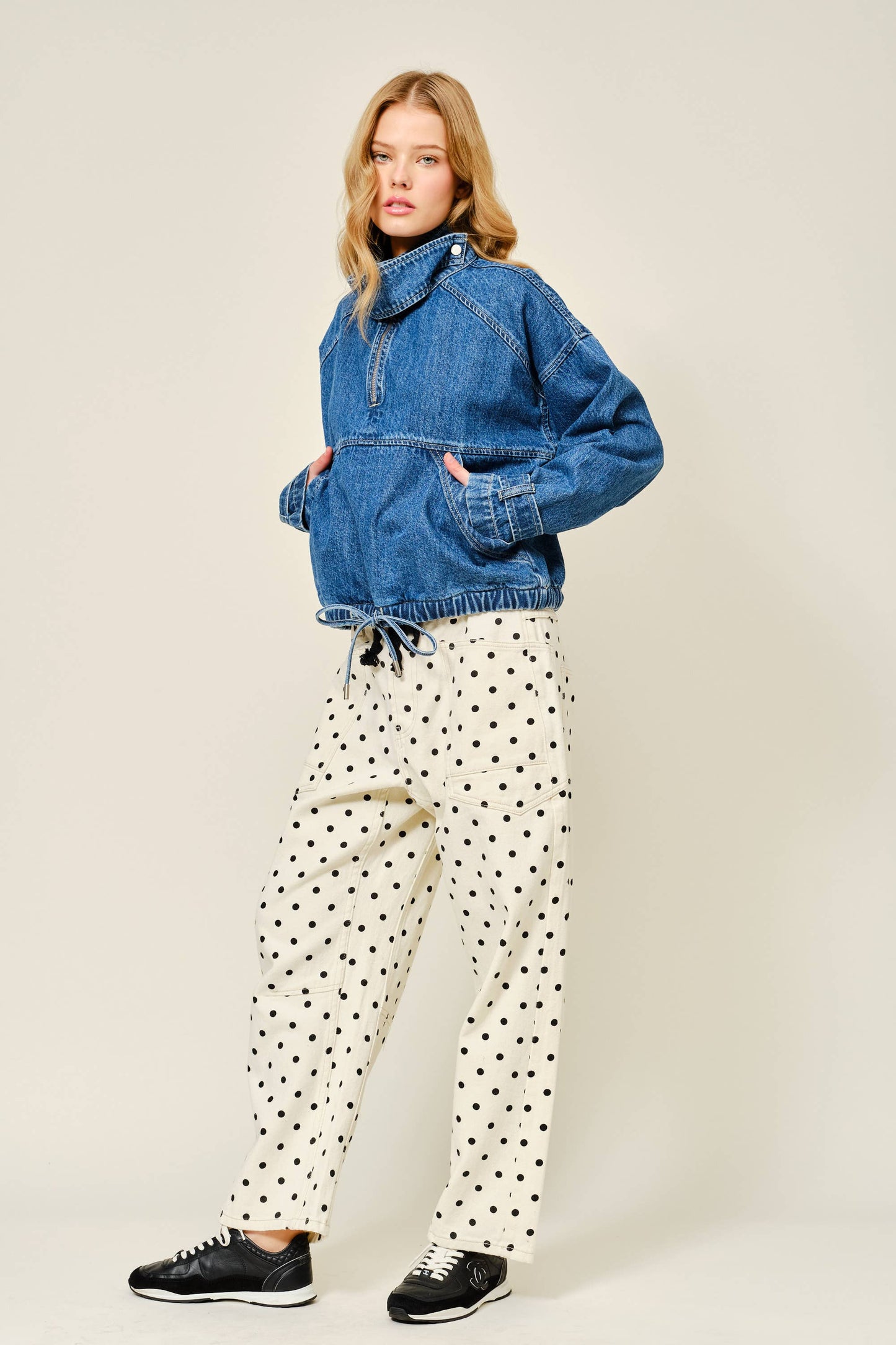 Polka Dot Barrel Leg Cotton Denim Pants