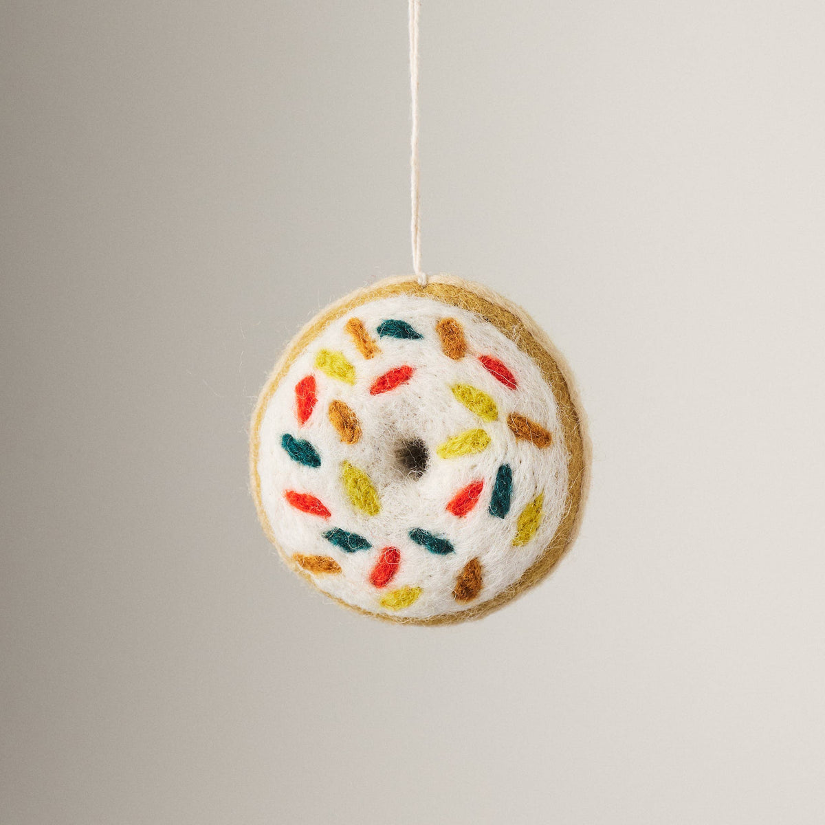 Felted Wool Donut Ornament White Glaze