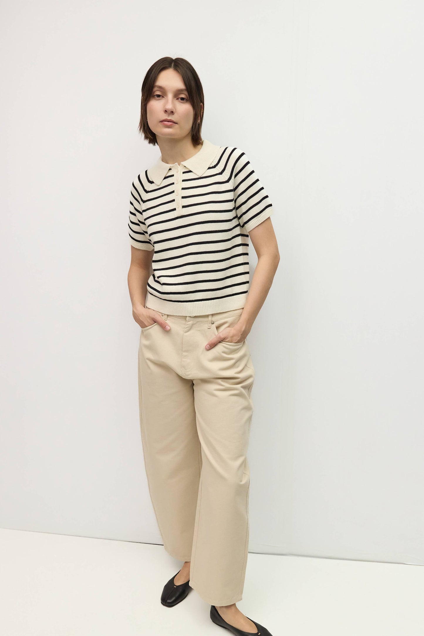 Ana Striped Raglan Collared Cotton Knit Top