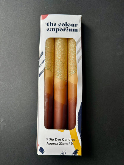 Caramel Dip Dye Taper Candle Trio Eco Glitter