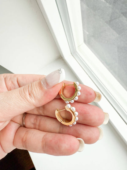 Tiny Pearl Hoop Earrings Gold Plated Stainless Steel