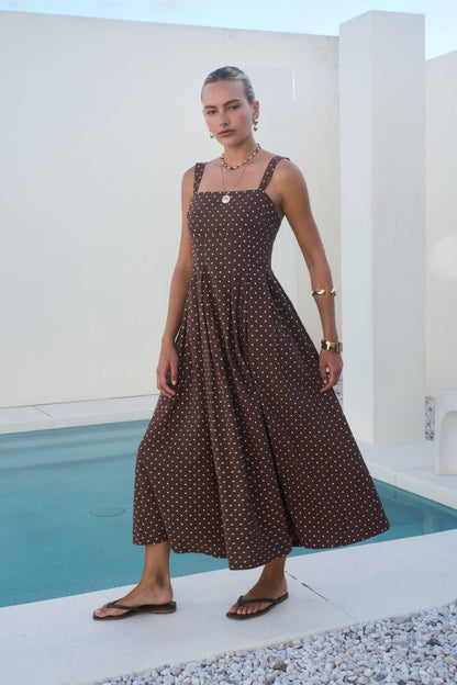 Brown Polka Dot Square Neck Dress