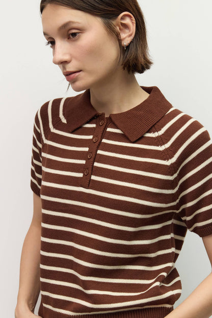 Ana Striped Raglan Collared Cotton Knit Top