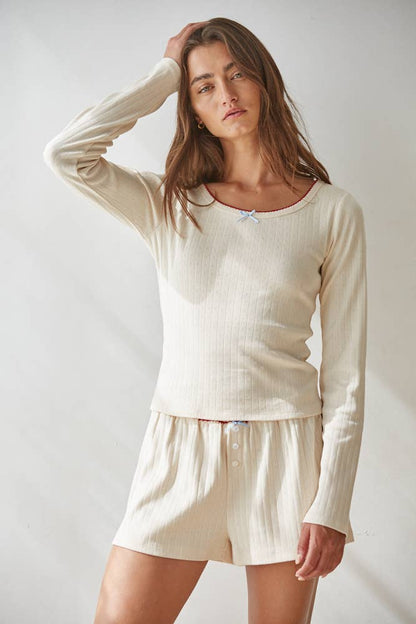 Pointelle Cotton Long Sleeve Top