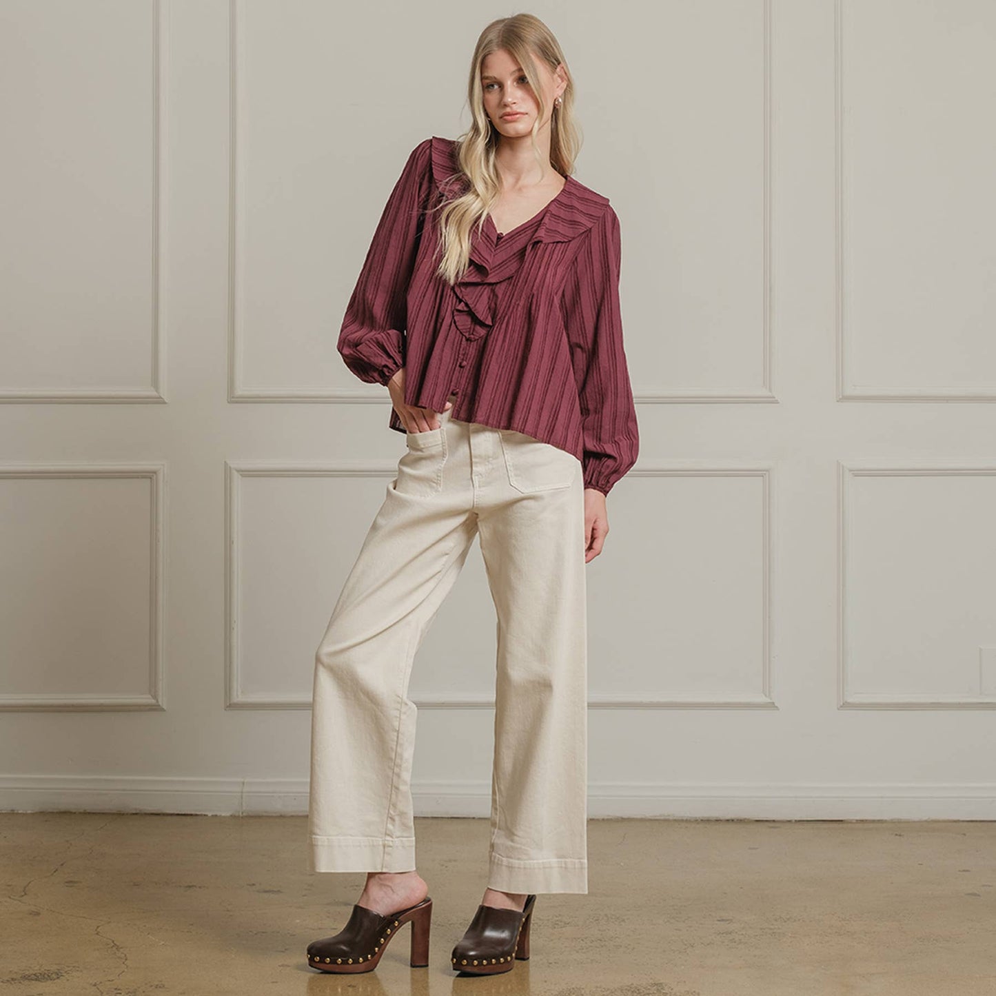 Ruffle Trim Striped Blouse