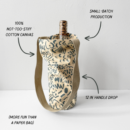 Cotton Canvas Wine Tote, White and Cobalt