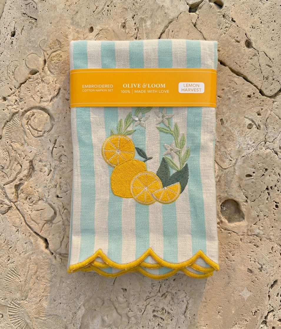 Lemon Embroidered Cotton Dinner Napkins Set of 4