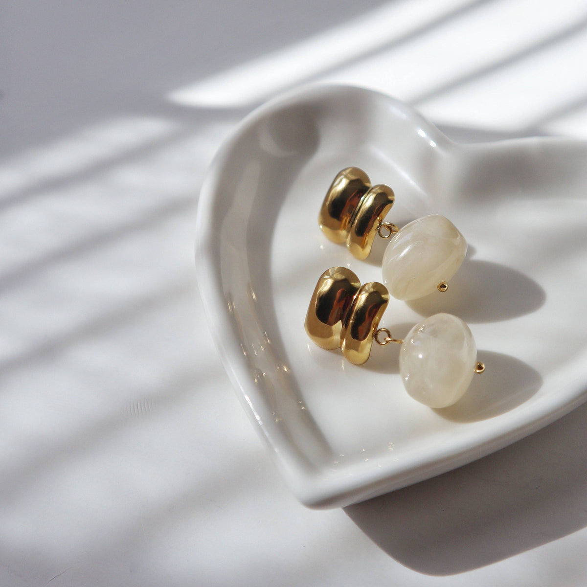 Elle White Stone Bead Drop Earrings Gold Plated