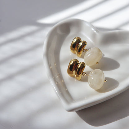 Elle White Stone Bead Drop Earrings Gold Plated