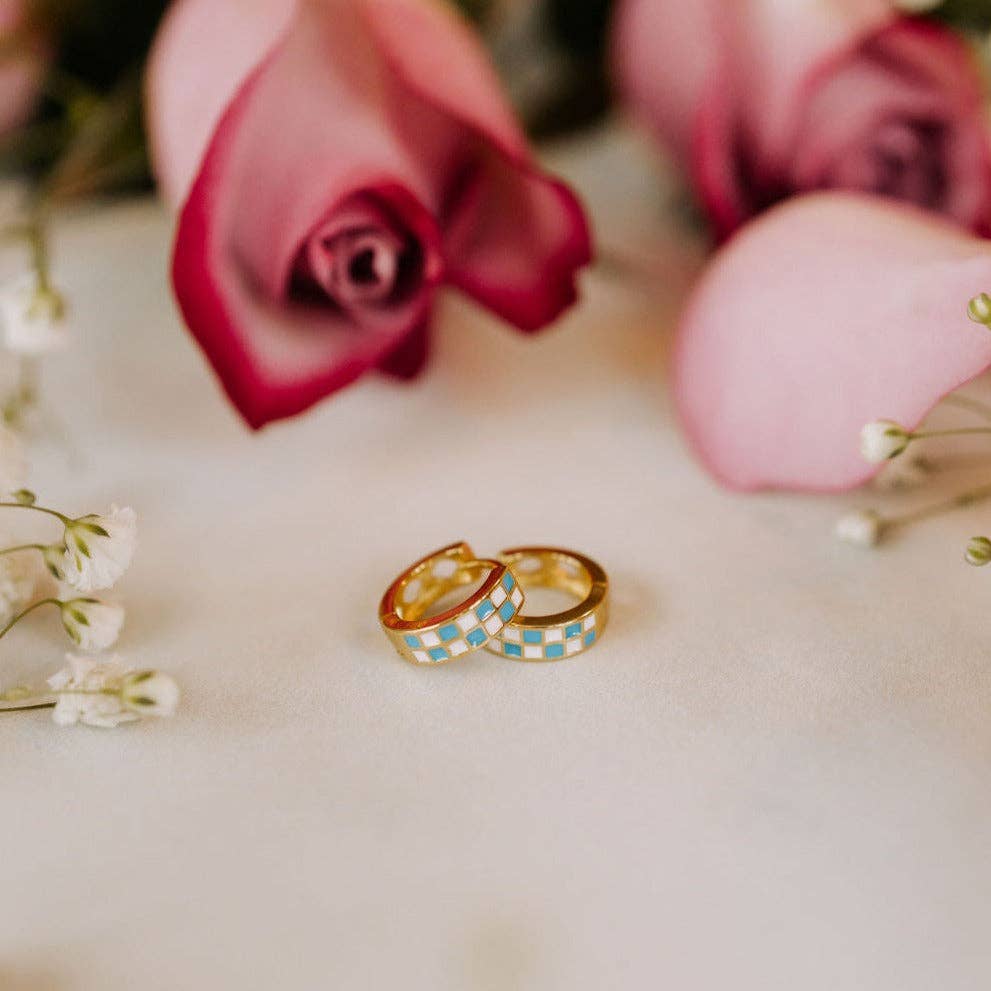 Blue & White Checkered Hoop Earrings
