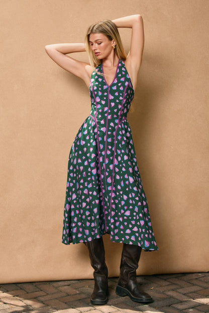 Evergreen Contrast Trim Halter Dress