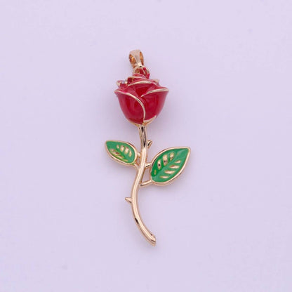 Red Rose Flower Pendant Earrings, Rose Gold