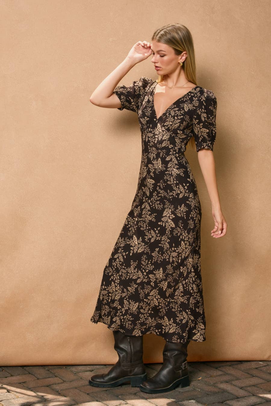 Paisley Floral Puff Sleeve Midi Dress