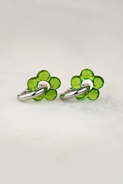 Green Glass Flower Hoop Earrings