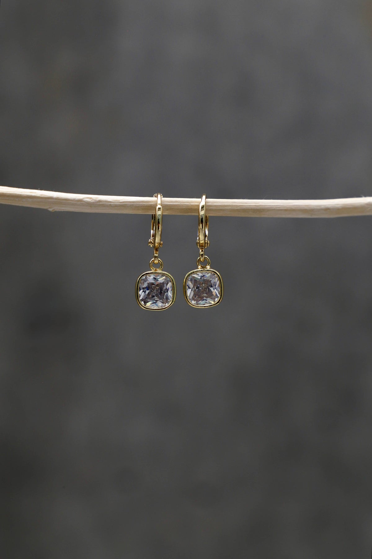 Gold Square Drop Earrings, Cubic Zirconia