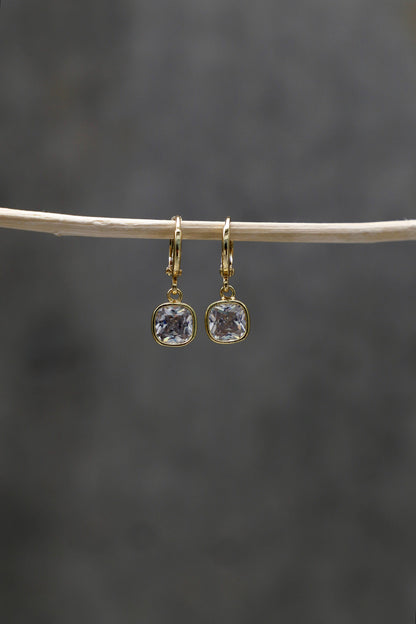 Gold Square Drop Earrings, Cubic Zirconia