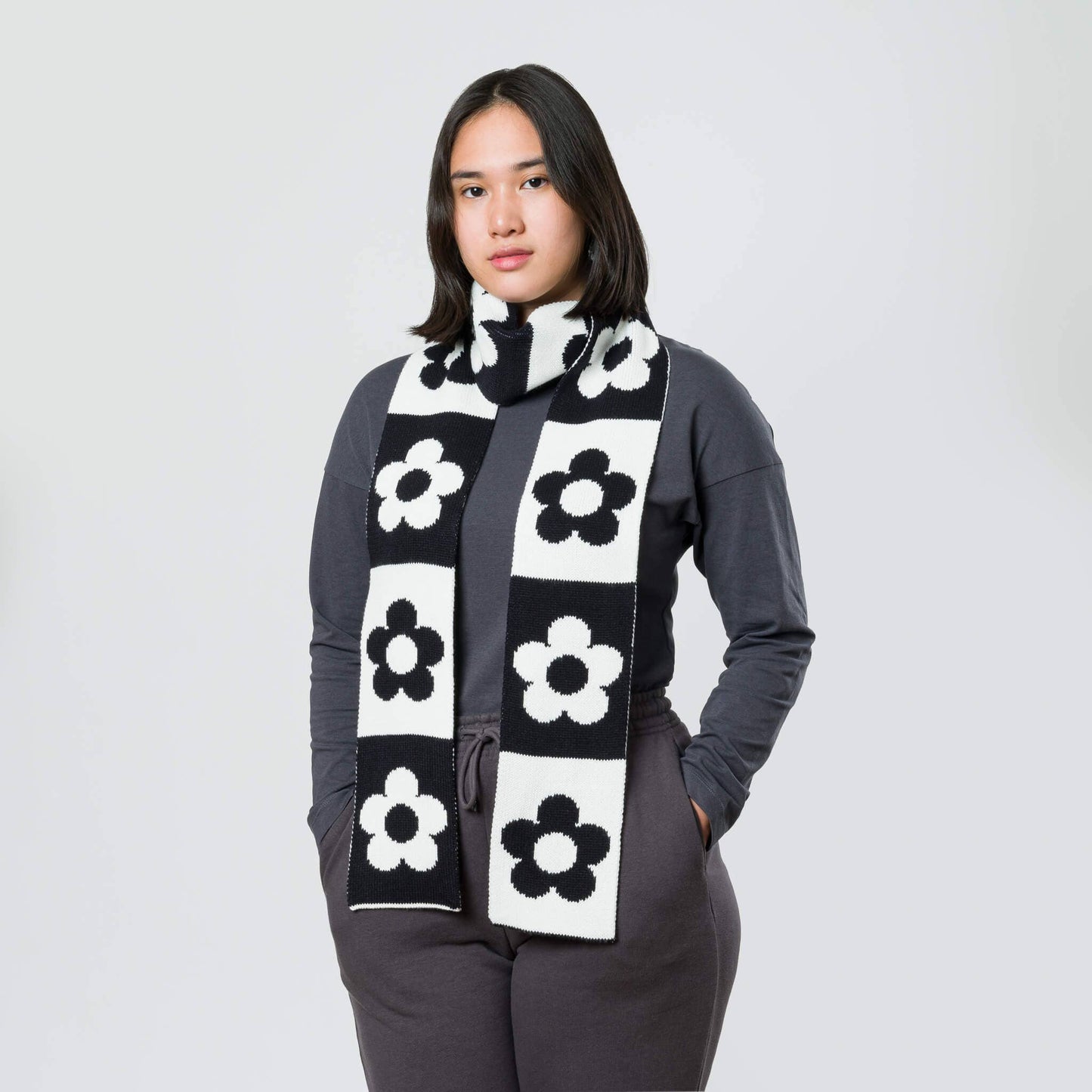 Flower Block Skinny Knit Scarf