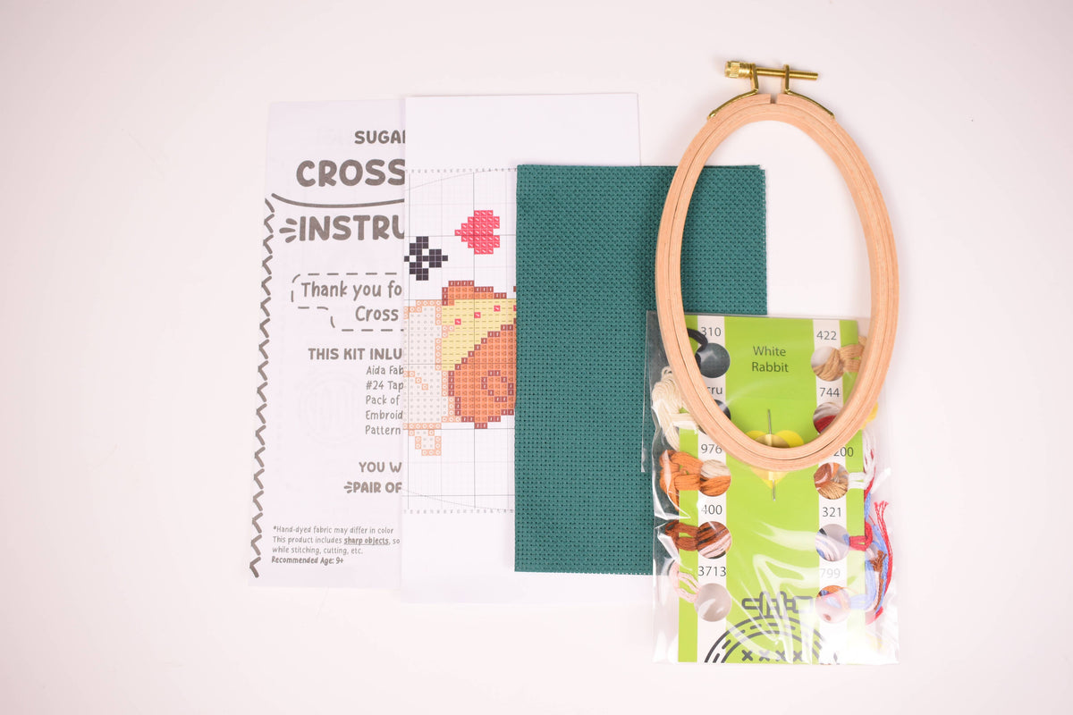 White Rabbit Cross Stitch Kit with Oval Hoop
