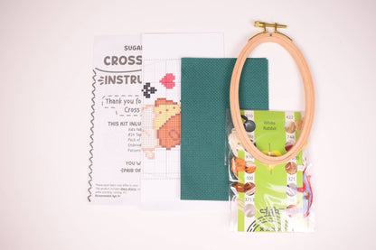 White Rabbit Cross Stitch Kit with Oval Hoop