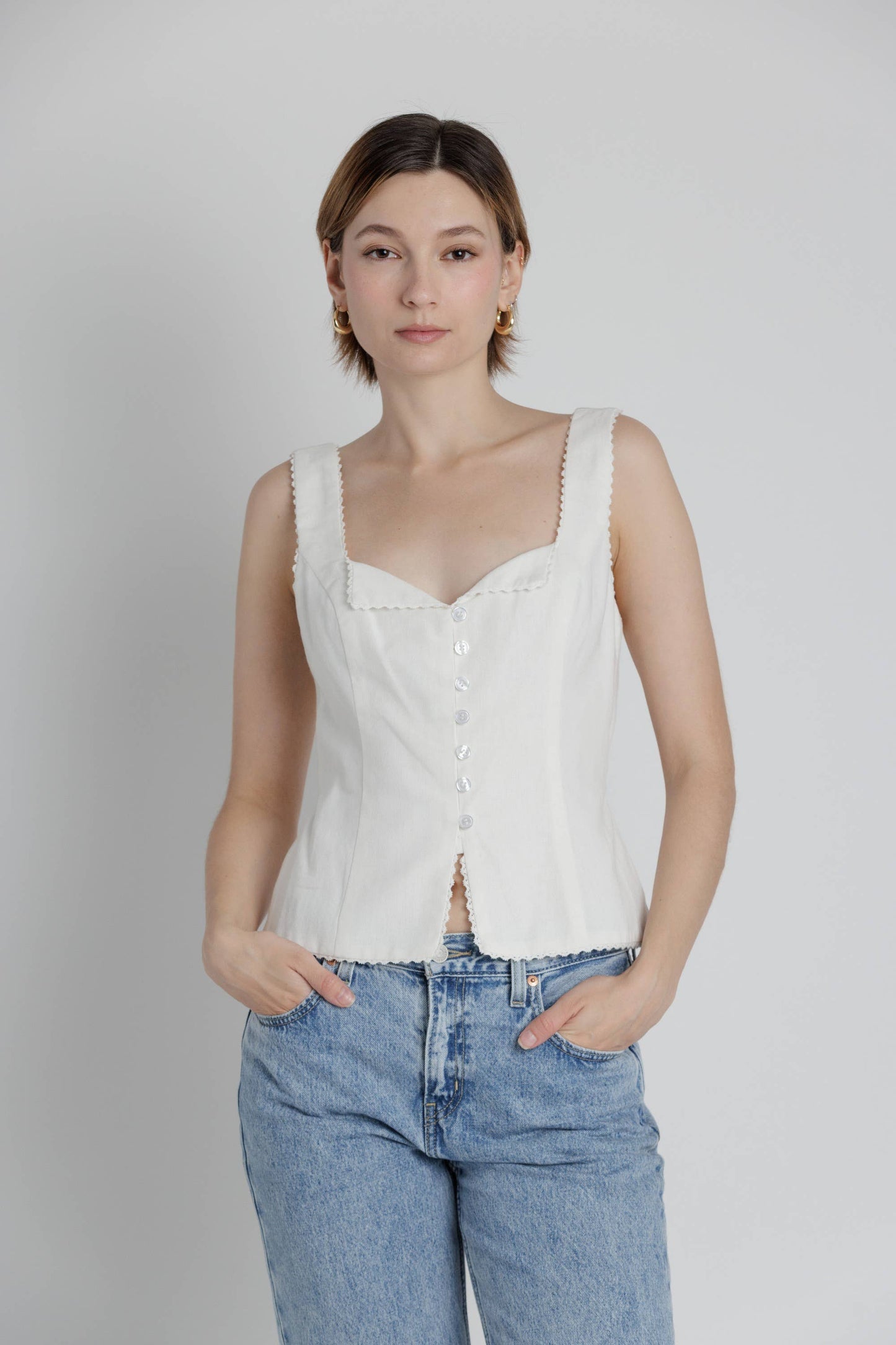 Lace Trim Linen Button Down Top