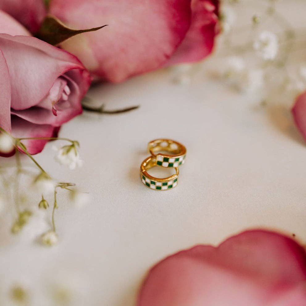 Green & White Checkered Hoop Earrings