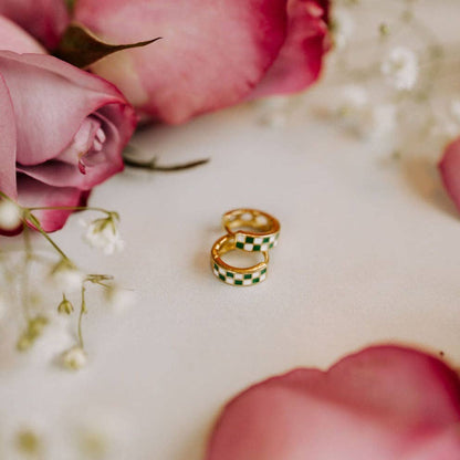 Green & White Checkered Hoop Earrings