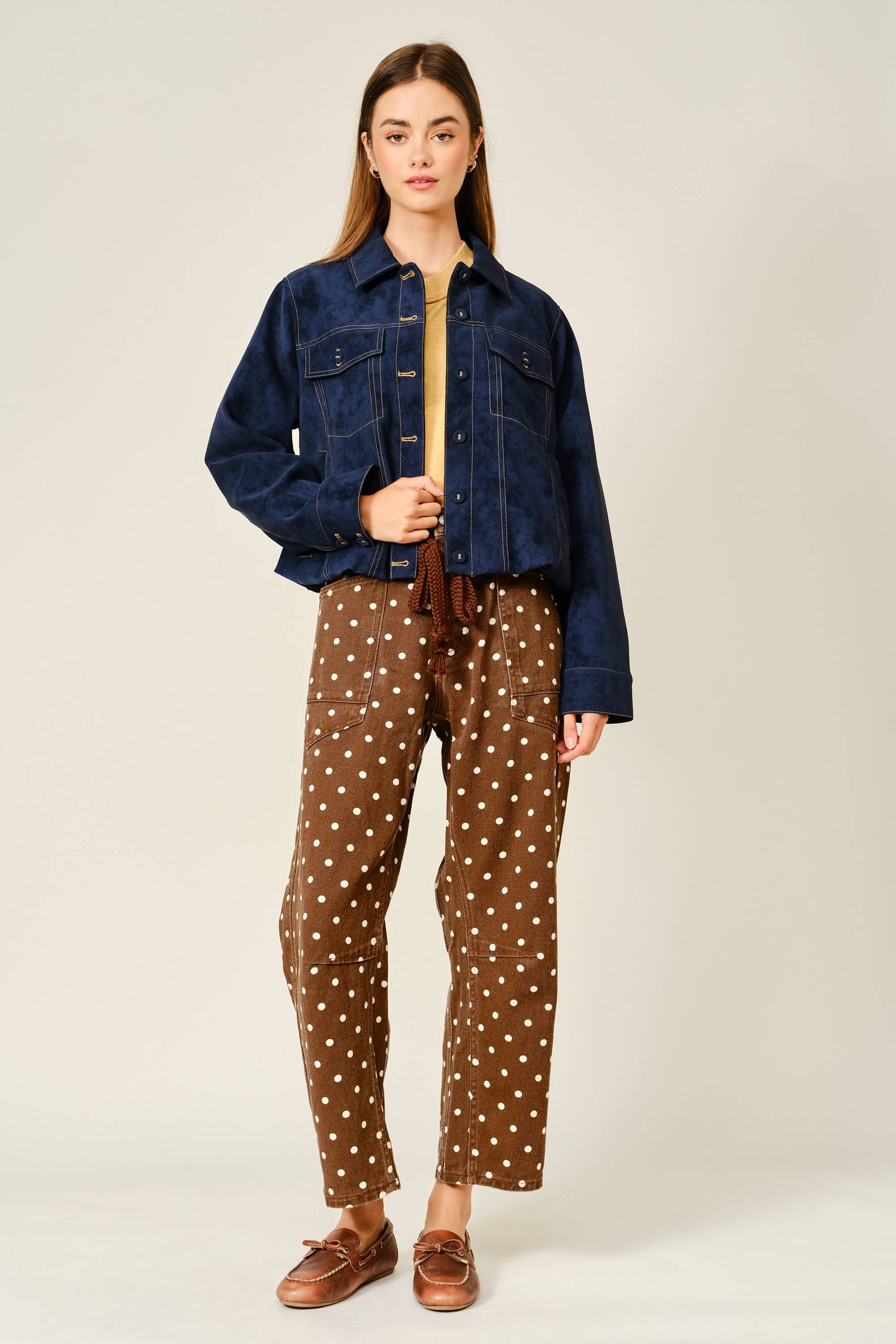 Polka Dot Barrel Leg Cotton Denim Pants